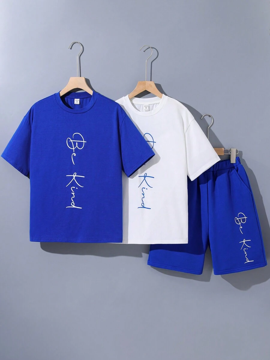 SHEIN 3 cái/bộ Cậu bé Tween Giải trí Mát mẻ Phong cách đường phố Lá thư In Ngắn tay Áo thun Với giày - Nhiều màu - Xem 1