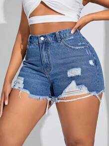SHEIN SXY Women's Plus Size Vintage Ripped Hole Denim Shorts