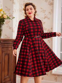 SHEIN DECDS Plus Size長袖格紋襯衫裙 - 紅色 - 查看 4