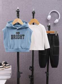 SHEIN Set da 3 pezzi per bambini maschi: felpa girocollo a maniche lunghe in colore unito, e pantaloni con fondo a costine in colore a contrasto, con fodera termica spessa