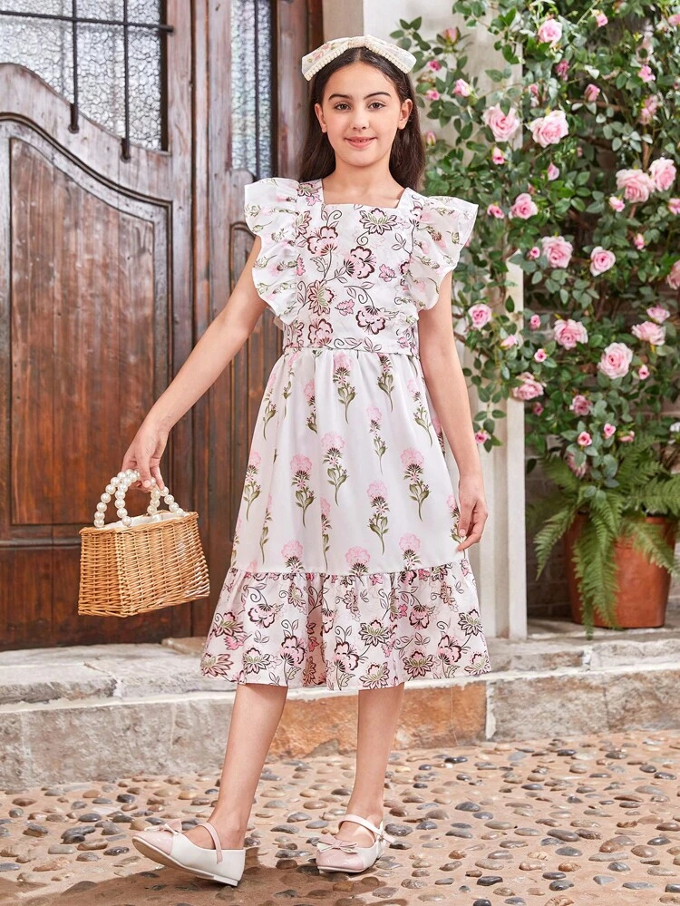 Tween Girls' Square Neck Ruffle Trim Top With Back Button Detailing And Skirt With Ruffle Hem Skirt, Floral Pattern Two-Piece Set