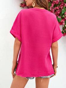 SHEIN VCAY V領,寬大版型,摺邊手袖,側縫,毛邊下擺,寬鬆襯衫 - 玫紅色 - 查看 2