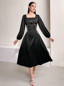 Modelyn Square Collar Lantern Sleeve Dress - Black - View 6