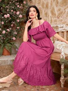 Seusyu Women'S Solid Color Hollow Out Embroidery Patchwork Ruffle Trim Off-Shoulder Cami Dress - Hot Pink - View 5