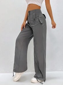 SHEIN EZwear Pantalones De Pierna Recta De Color Sólido Para Mujer