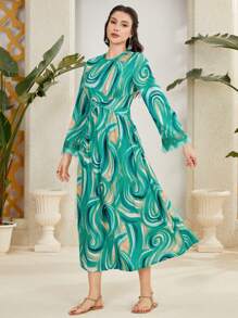 Mulvari Vestido Con Dobladillo De Encaje Teñido Anudado Y Manga Abullonada