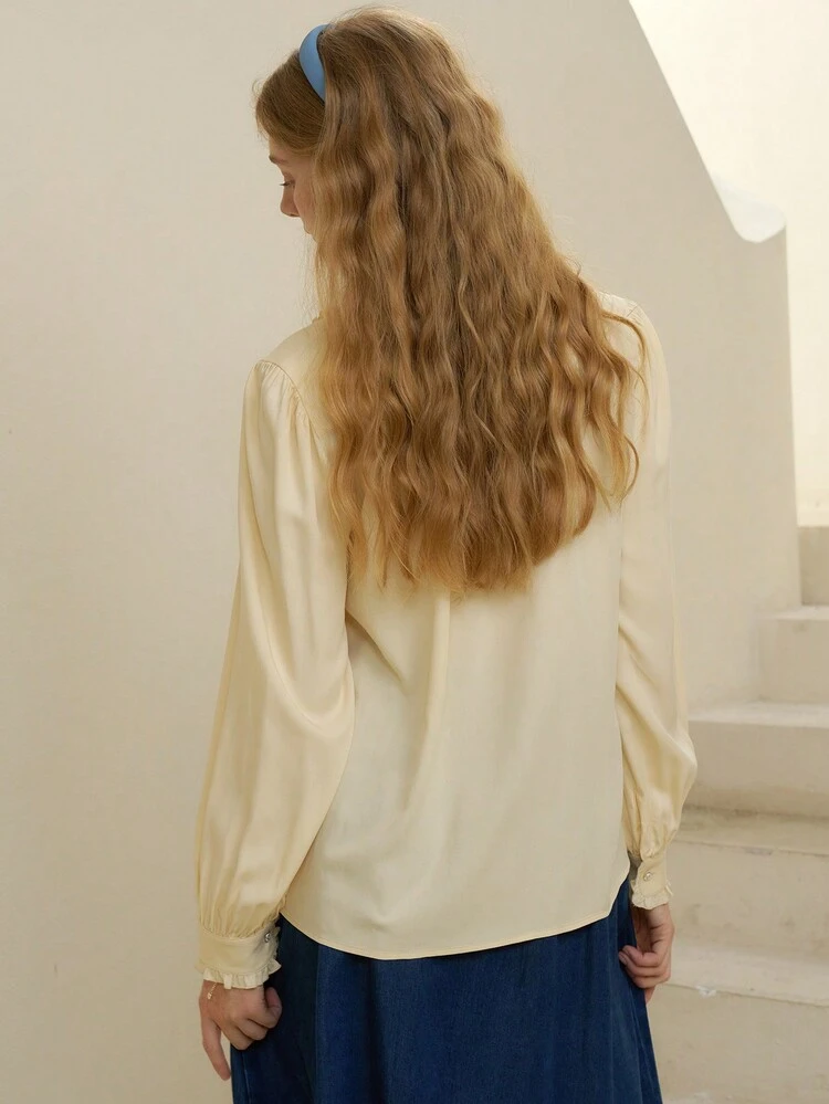 Simple Retro Camisa Viscose Bordada Com Botões Feminina Manga Longa Bufante Decorada Com Babados Florais E Bordados - Amarelo - Visão 2