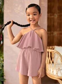 SHEIN Young Girl Casual Solid Color Halter Neck Romper - Pink - View 5