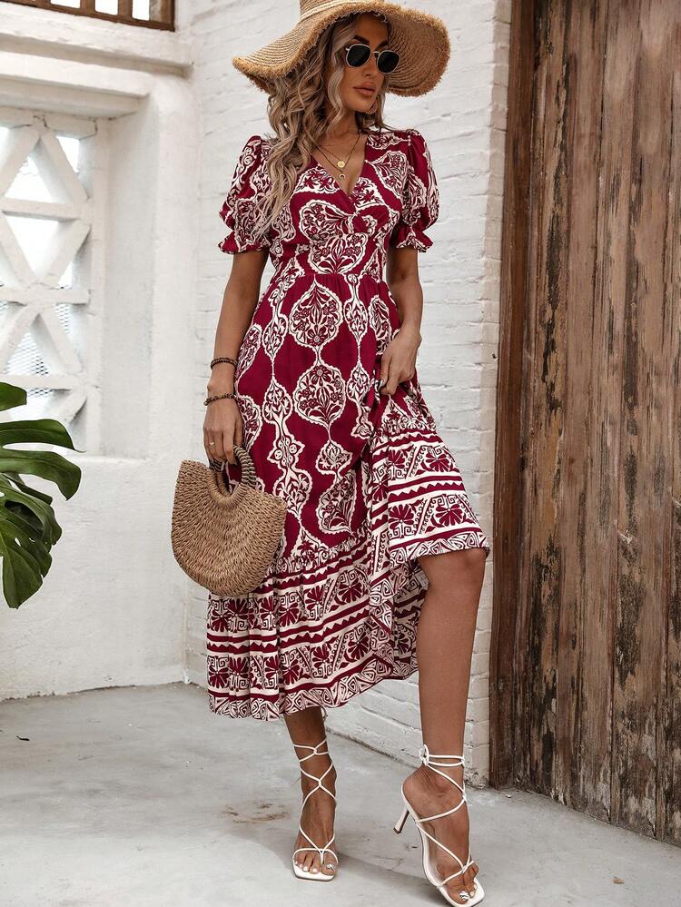 Women's Full Print V-Neck Waist-Cinching Dress