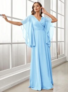 SHEIN Belle Adult Women's V-Neck Flounce Sleeve Pleated Bridesmaid Dress Elegant Formal Evening Prom Wedding Guest Gown, For Graduation, Dinner