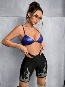 SHEIN ICON Cami Crop Top With Flame Printed Rhinestones & Cut-Out Waist Shorts Set - Multicolor - View 3