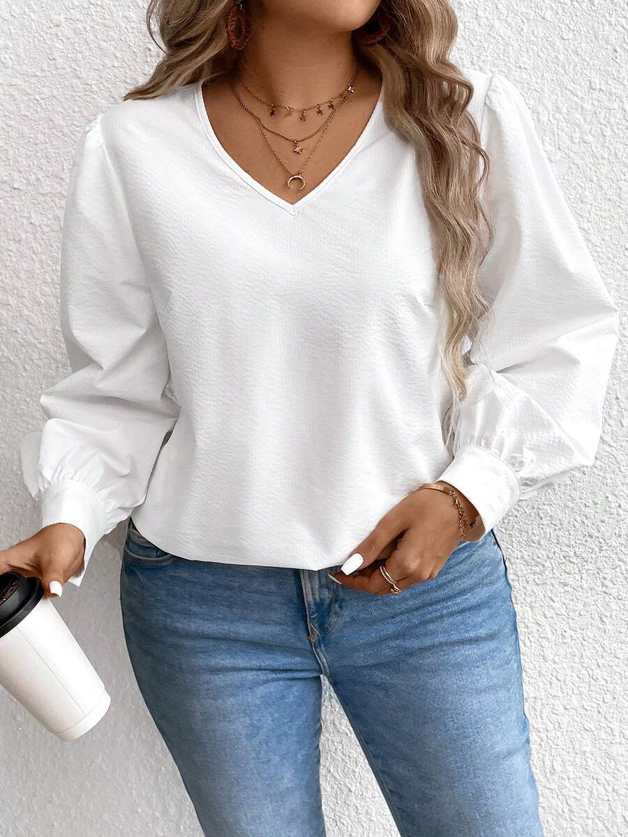 Celure 大尺碼純色紋理襯衫 - 白色 - 查看 1