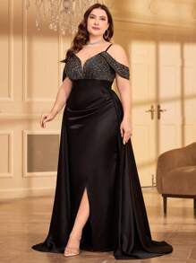 UNITHORSE Plus Size Sequined Satin Spaghetti Strap Formal Evening Dress - Black - View 3