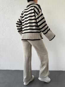 EURMUSE Striped Pattern Turtleneck Drop Shoulder Sweater & Knit Pants - Multicolor - View 2