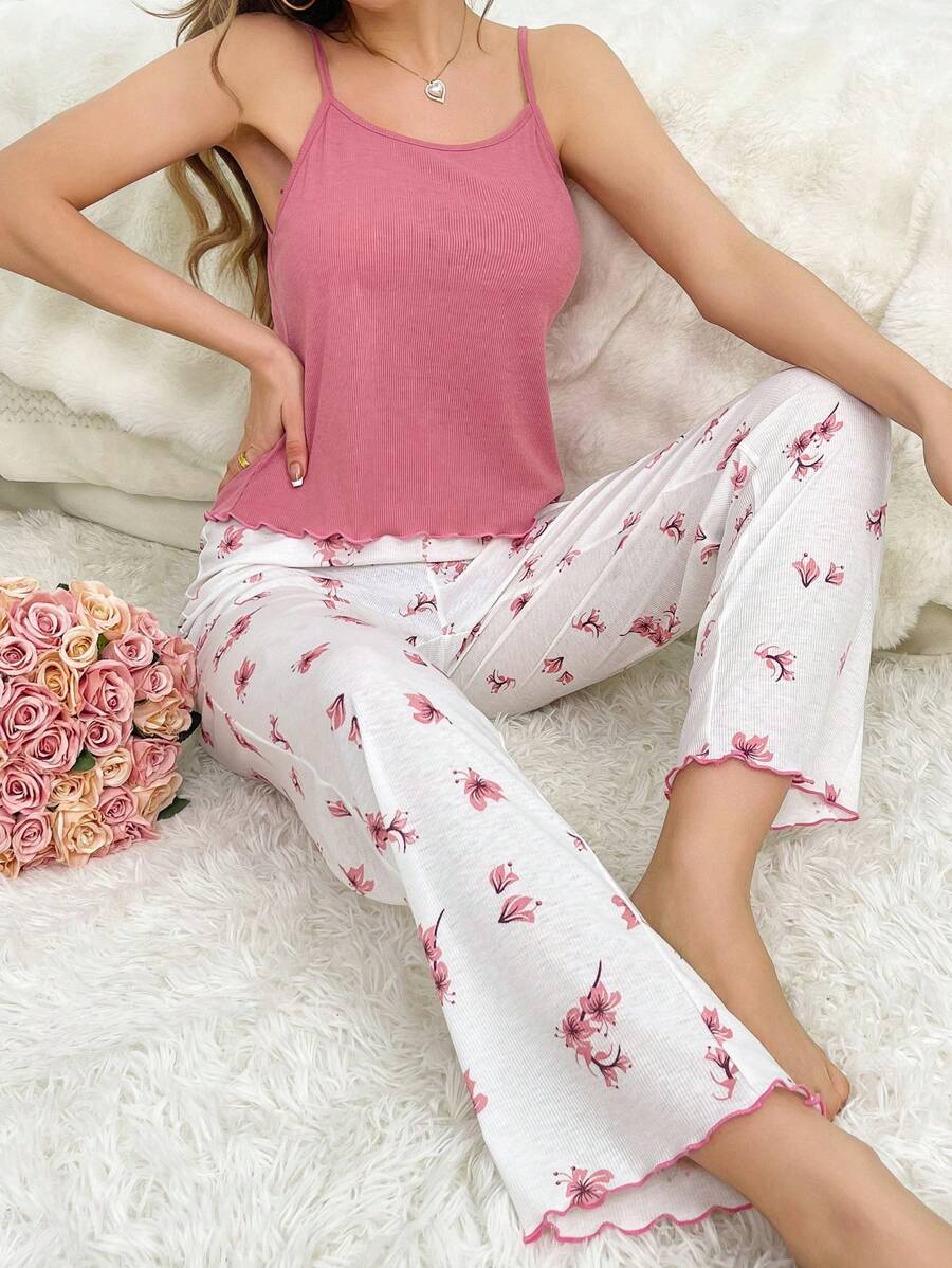 女款純色吊帶背心上衣和花朵印花長褲睡衣套裝 - 玫紅色 - 查看 1