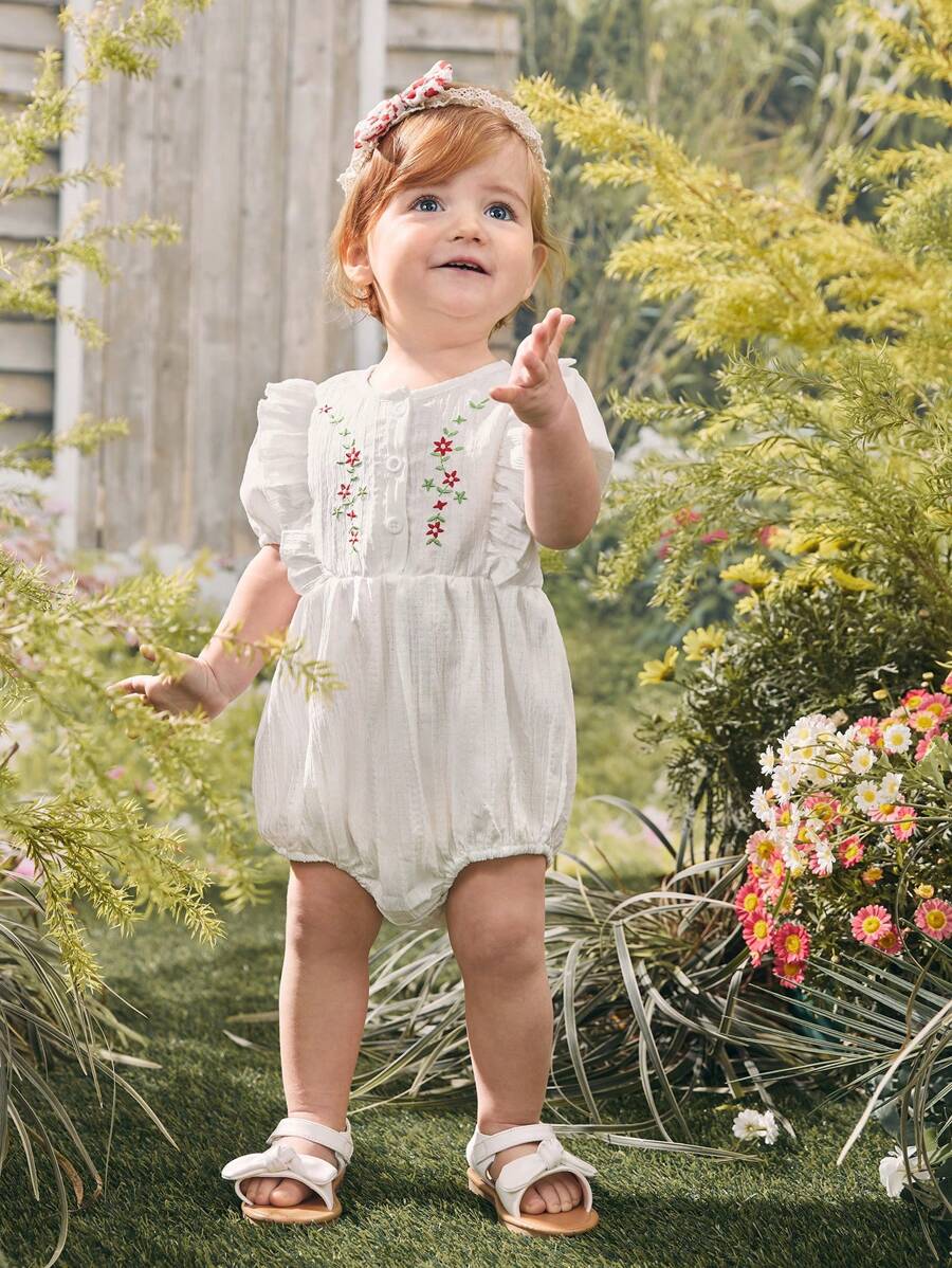 Infant Girls' Short Sleeve Bodysuit With Embroidery And Ruffle Trim Detail