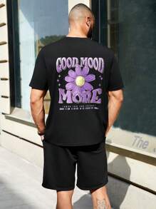 Manfinity Homme Men'S Plus Size Slogan And Floral Printed T-Shirt And Shorts Set - Black - View 4