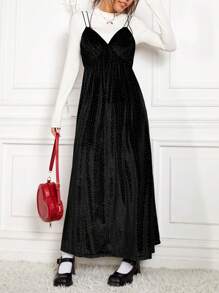 SHEIN EZwear Nhung Chấm bi Lãng mạn Dây đeo Mì Ý  Đầm - màu đen - Xem 2