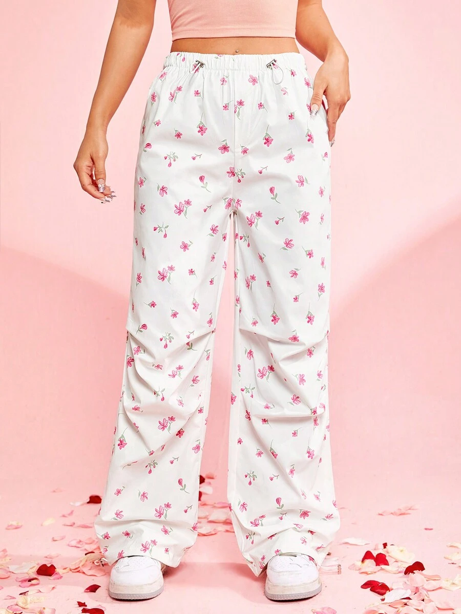 SHEIN EZwear Floral Print Harem Pants - White - View 1