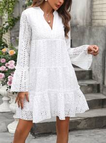 SHEIN VCAY Solid Color Hollow Out Embroidery Detail Notched-Neck Flared Sleeve Dress - White - View 4
