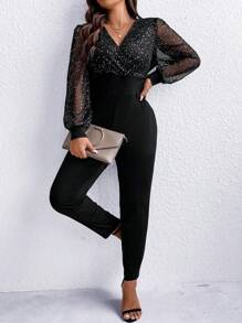 SHEIN Clasi Plus Contrast Mesh Lantern Sleeve Overlap Collar Jumpsuit Mesh Jumpsuitblack Jumpsuit Long Sleeve - Black - View 4