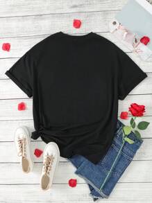 SHEIN EZwear 女士黑色休閒浪漫t恤,印有骷髏和花卉圖案,適合情人節 - 黑色 - 查看 2