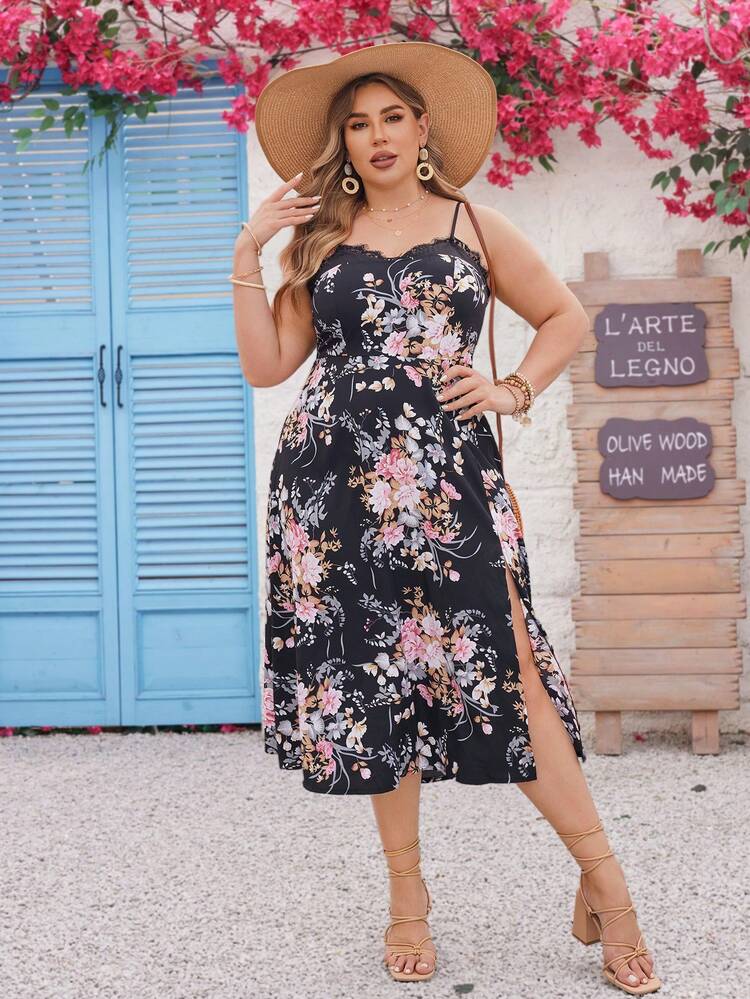 Plus Size Beach Floral Printed Lace Splicing Strappy Sundress For Valentine's Day