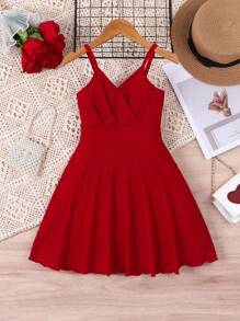 SHEIN 年轻女孩新款红色沙滩裙，V 领 A 字中长连衣裙，细肩带，夏季 - 紅色 - 查看 1