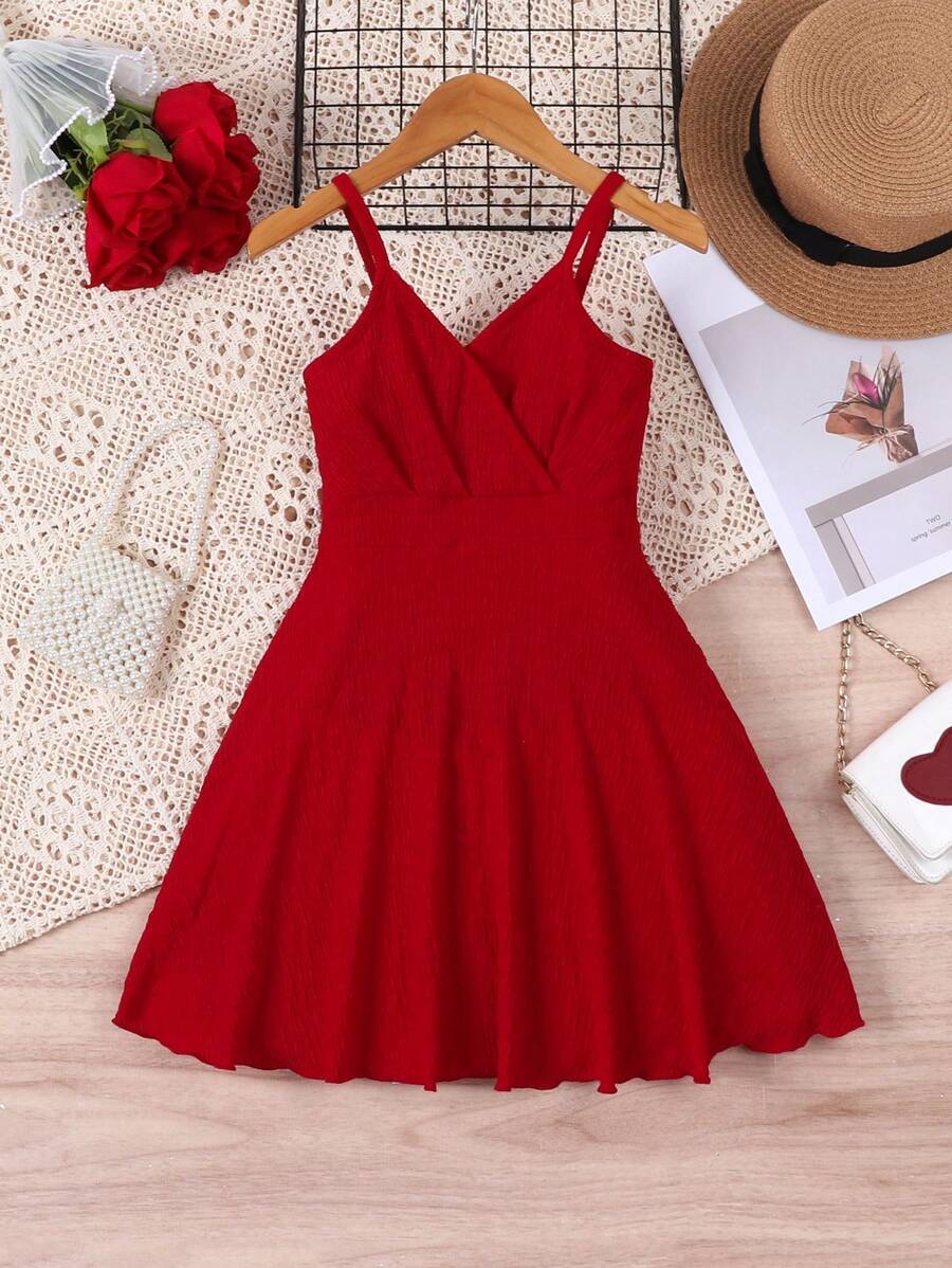 SHEIN 年轻女孩新款红色沙滩裙，V 领 A 字中长连衣裙，细肩带，夏季 - 紅色 - 查看 1