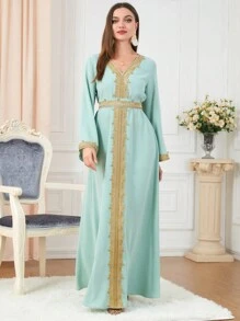 Women's Color Block Embroidered Patch V-Neck Long Sleeve Modest Dress Kaftan Arabian Dress - Mint Green - View 3