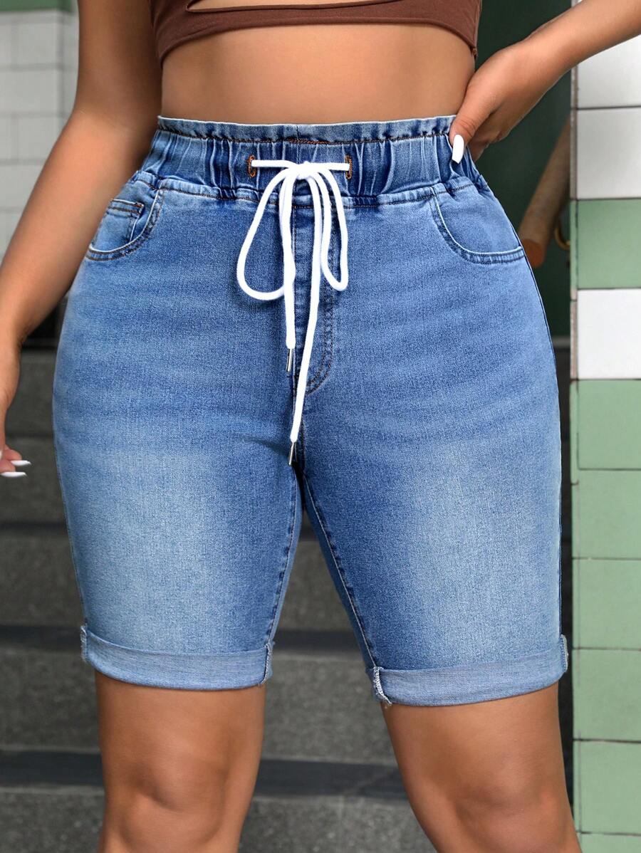 SHEIN ICON Quần short denim mùa hè cỡ lớn có dây rút ở eo và viền tua rua - Màu xanh lam - Xem 1