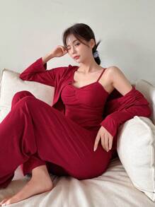 DAZY 3pcs Pleated Detail Cami Top, Long Sleeve Robe And Pants Homewear Lounge Set, Fall Winter Clothes Pajama, Cozy Outfit - Red - View 5