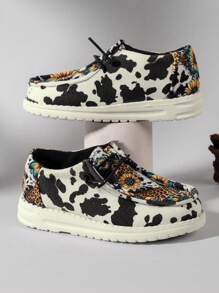 Girls Cow Print & Sunflower Pattern Casual Sneakers - Multicolor - View 3