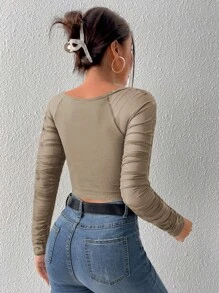 EURMUSE Top crop de cuello cuadrado fruncido de manga de malla - Albaricoque - Ver 2