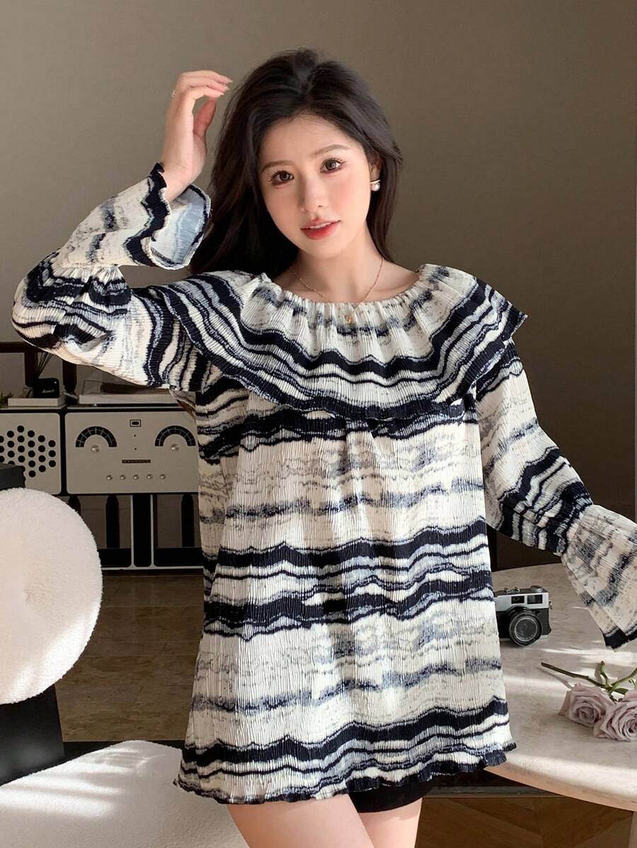 DAZY 荷叶边条纹喇叭袖衬衫，秋装长袖上衣