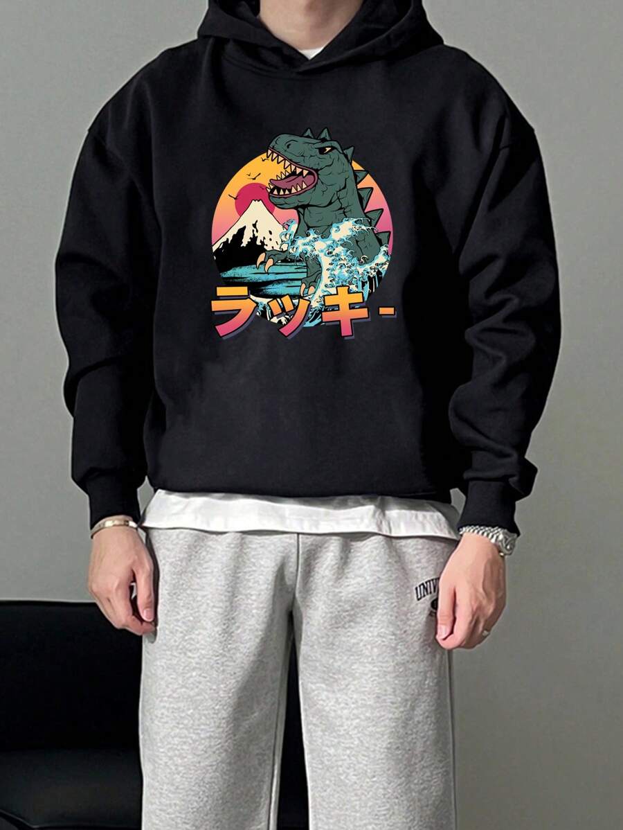 Manfinity Hypemode Loose Black Knitted Hoodie For Men With Dinosaur Pattern In Plus Size - Black - View 1