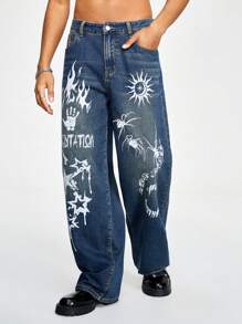 ROMWE MEN Street Life Men'S Sun, Star, Spider & Flame Printed Jeans, Halloween - Blue - View 5