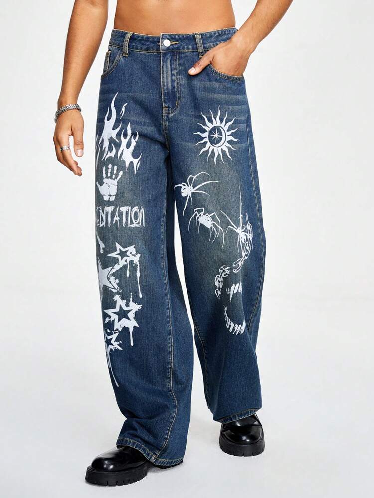Men'S Sun, Star, Spider & Flame Printed Jeans, Halloween