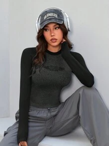 Easithlete 顏色拼塊鑲嵌短袖字母印花短款運動t恤 - 黑色 - 查看 6