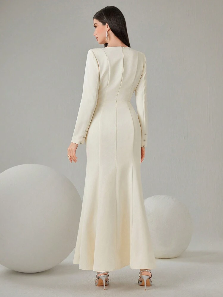 Women'S Solid Color Pleated Wrap Front High Slit Dress Long Evening Dresses