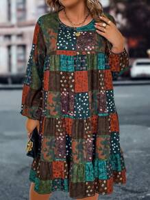 EMERY ROSE Talla grande Vestido smock con estampado de retazo bajo con fruncido - Multicolor - Ver 3