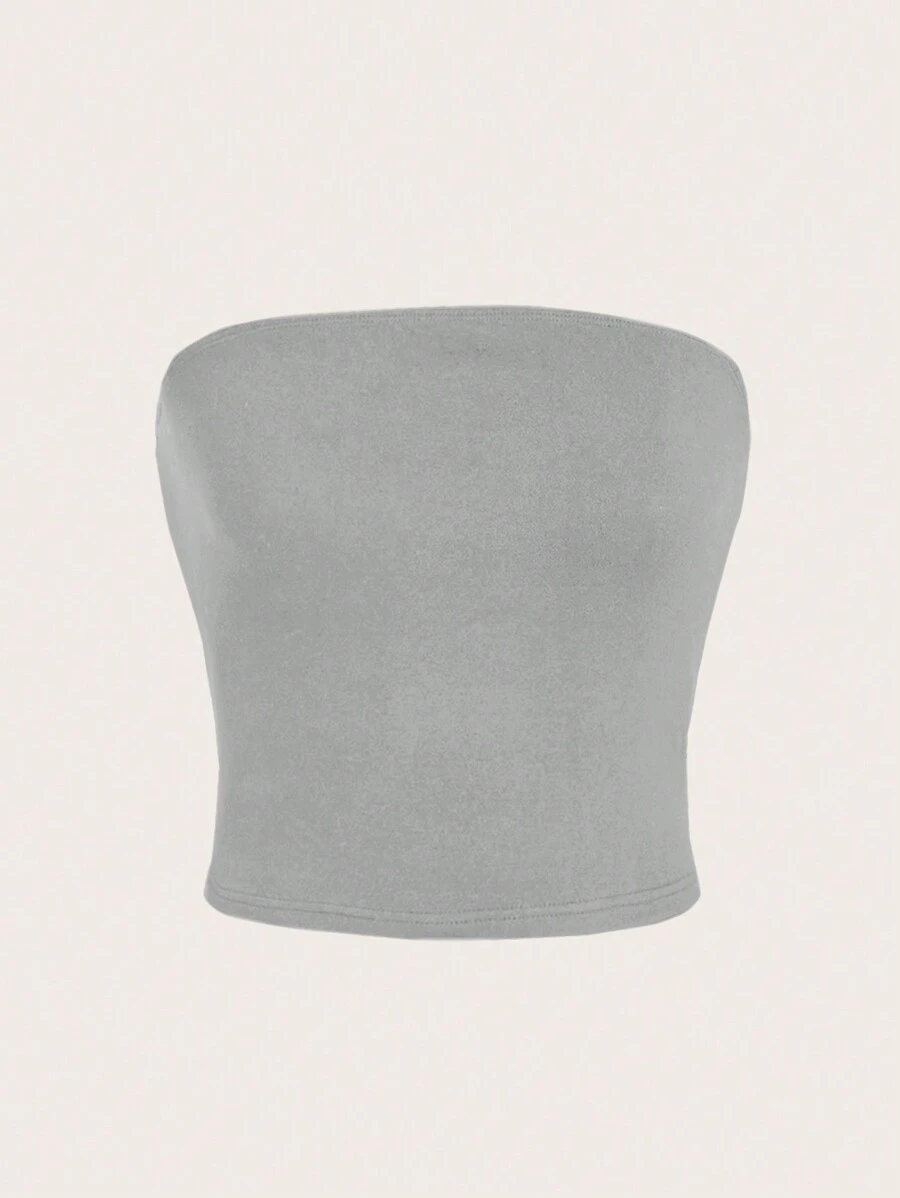 SHEIN EZwear Atasan Wanita Rib-Knit Plain Casual - Light Grey - View 1