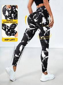 Easithlete 水墨圖案運動打底褲 - 黑與白 - 查看 1