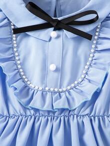 SHEIN Vestido De Manga Abullonada Y Detalles Con Cuentas Para Niñas Jóvenes - Azul - Ver 5