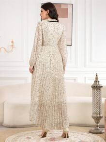 Modelyn Của phụ nữ Hình vết tròng Polka Đầm Với Ruffled Đường viền cổ áo Và Thắt lưng Eo - Màu be - Xem 2