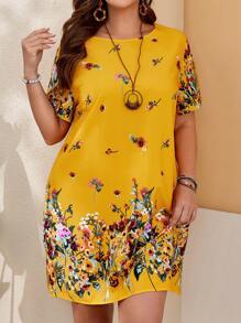 EMERY ROSE 大码女式夏季花卉印花圆领连衣裙