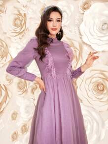 Modelyn 女士长袖阿拉伯连衣裙，优雅晚会礼服长款晚礼服 - 紫色 - 查看 3