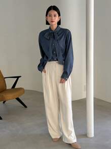 FRIFUL 女頸部繫帶牛仔上衣 - 藍色 - 查看 3