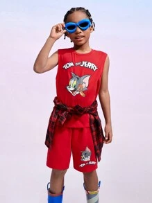 TOM & JERRY X SHEIN Tween Boy Cartoon Graphic Tank Top & Shorts Set - Red - View 5