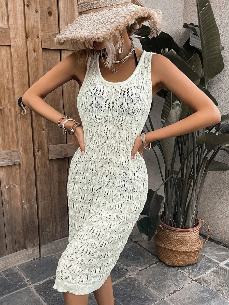 度假休闲纯色镂空针织罩衫连衣裙